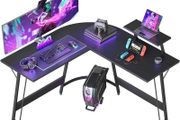 FREE 3 DAY DELIVERY L Shaped Desk, 130 cm Computer Corner Desk, Gaming Desk with Monitor Stand, Home Office Study Writing Workstation, Space-Saving, Black