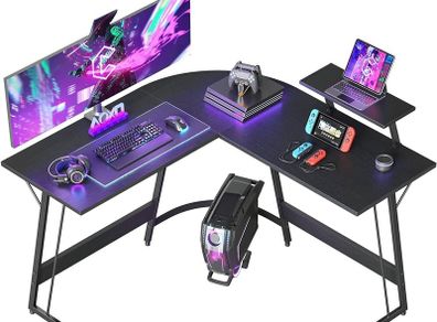 FREE 3 DAY DELIVERY L Shaped Desk, 130 cm Computer Corner Desk, Gaming Desk with Monitor Stand, Home Office Study Writing Workstation, Space-Saving, Black