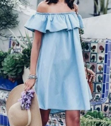 Blue Denim Ruffle off shoulder dress, size 10