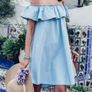 Blue Denim Ruffle off shoulder dress, size 10 Image 2