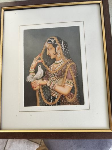Framed Indian Folk Art, Royal Princess with Pigeon, Mughal Art, Indian Royal Queen , Indian Prints, Indian Printable Wall Art, Indian Art, Vintage