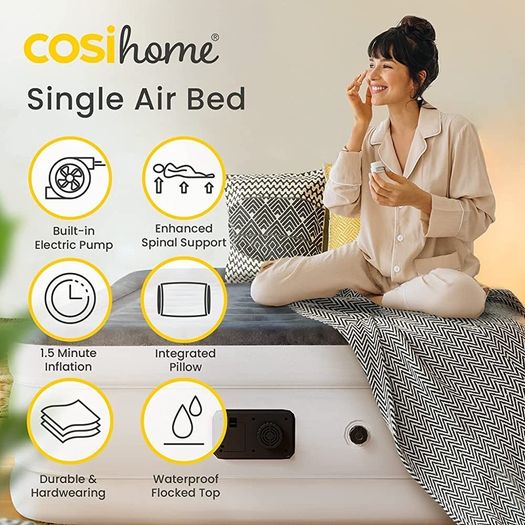 Single Sized Air Bed - Premium Single Air Mattress With a Built-in Electric Pump, Integrated Raised Pillow and Storage Bag MULTIPLE SIZES AVAILABLE (FREE POSTAGE)