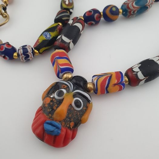 Antique Venetian Style MultiColor Mix Glass & Old Face Glass Pendant Necklace