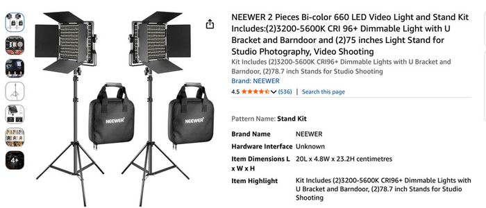 NEEWER 2 Pieces Bi-color 660 LED Video Light and Stand Kit