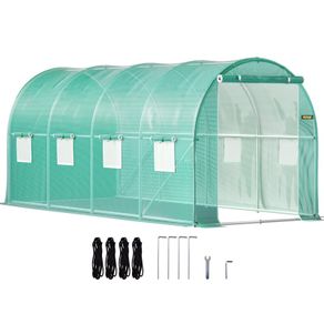 Walk-in Tunnel Greenhouse, 15 x 7 x 7 ft Portable Plant Hot House with Galvanized Steel Hoops, 1 Top Beam, 2 Diagonal Poles, 2 Zippered Doors & 8 Roll-up Windows, Green