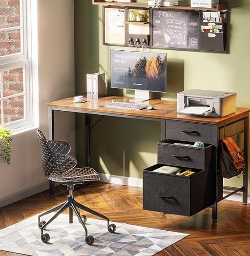 Computer Desk with Drawers Office Desk with Storage, Reversible Small Desks for Home Office Vintage Brown