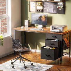 Computer Desk with Drawers Office Desk with Storage, Reversible Small Desks for Home Office Vintage Brown