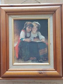 Small Vintage Framed Painting - Victorian Style Girls Reading (Wooden Frame)
