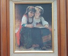 Small Vintage Framed Painting - Victorian Style Girls Reading (Wooden Frame)