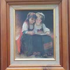Small Vintage Framed Painting - Victorian Style Girls Reading (Wooden Frame)