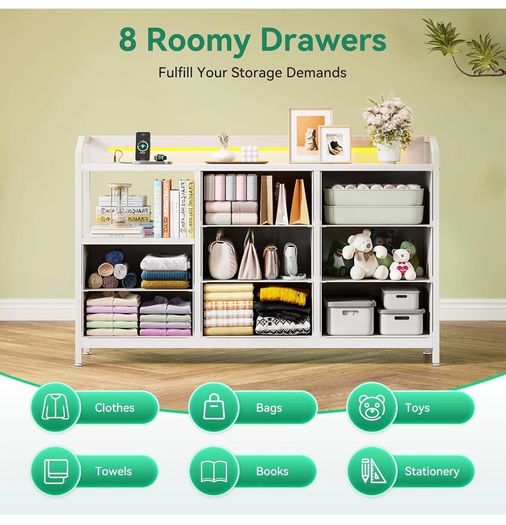 Black Chest of Drawers Bedroom, with LED Light trip with 10 Adjustable Colors and 2 USB and 2 AC Outlets, Includes 8 Large Fabric Drawers, Suitable for Bedroom, Living Room, 110 x 30 x 88, White