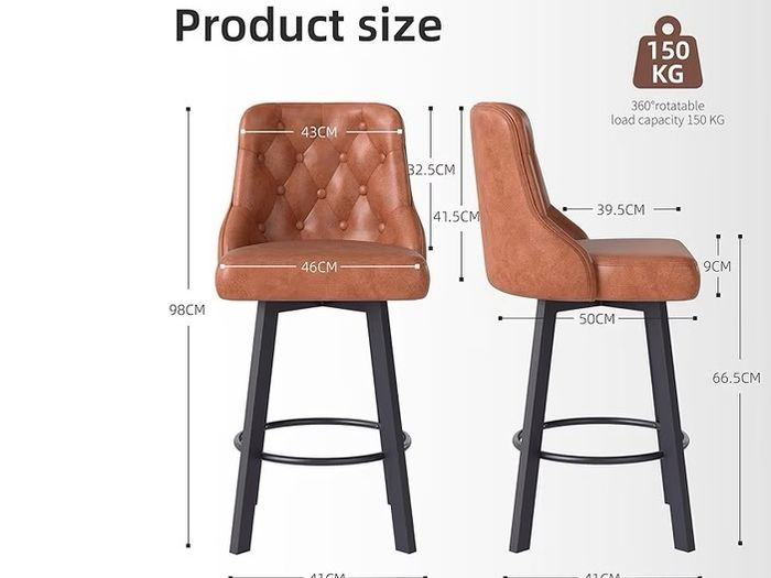 Bar Stools Set of 2, Waterproof PU Leather Bar Stool, 360 Rotating Breakfast Bar Stools with Footrest, Seat Height 66.5 cm, Load Capacity 150 kg, Brown