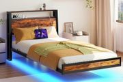 Single Bed Frame with Charging Station and LED Lights, Wood Headboard