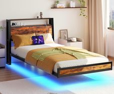 Single Bed Frame with Charging Station and LED Lights, Wood Headboard