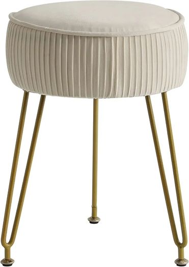 Velvet Round Footrest, Makeup Vanity Stool, Side Table, Pouf Couch Seat, Golden Steel Legs, Creamy-White L/G-30M