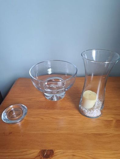 Glassware- candle holders, bowl