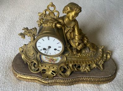 Antique French Gilt & Porcelain Mantel Clock.
