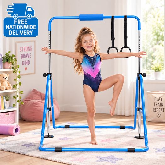Kids Gymnastics Bar with Rings Adjustable Height Foldable Training Bar Ages 3 to 8