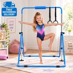 Kids Gymnastics Bar with Rings Adjustable Height Foldable Training Bar Ages 3 to 8