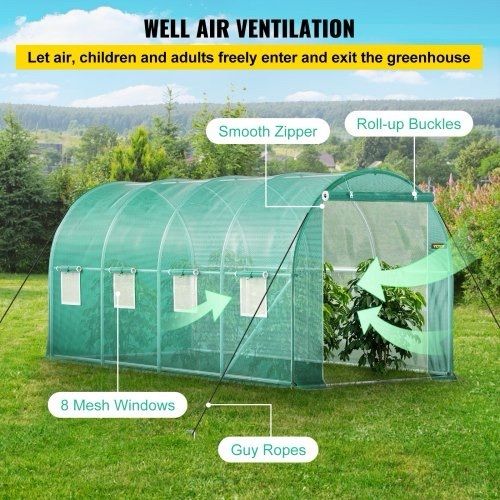 NEW SALE | Walk-in Tunnel Greenhouse, 15 x 7 x 7 ft Portable Plant Hot House w/ Galvanized Steel Hoops, 1 Top Beam, 2 Diagonal Poles, 2 Zippered Doors & 8 Roll-up Windows, Green