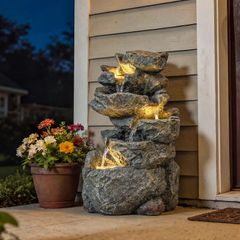 6 Tier Outdoor Water Fountain with LED Lights and Adjustable Flow Grey