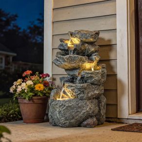 6 Tier Outdoor Water Fountain with LED Lights and Adjustable Flow Grey