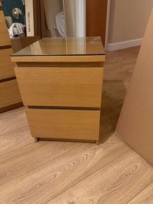 2x Ikea Malm Oak bedside lockers with glass tops