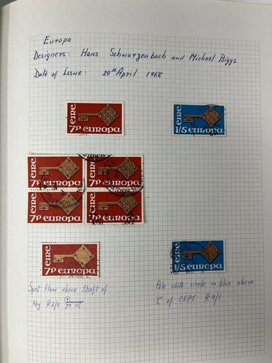 1965-74 Ireland used written up on spring back pages including some varieties/ errors in spring back album. Includes loads of spare pages. Note 66 rising set and MacCurtain & MacSweeney sets.