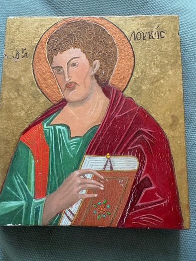 Vintage Hand Painted religious Icon of St Luke on wood Byzantine style