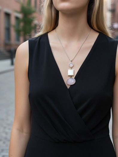 925 Vintage Sterling Silver Rose Quartz & Mother Of Pearl Necklace