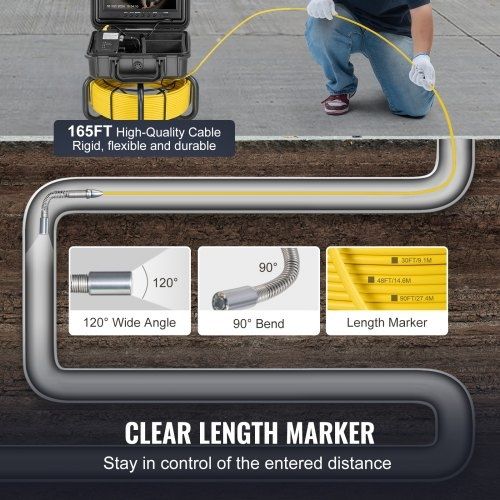 Sewer Camera, 165 ft/50m, Self-Leveling Pipeline Inspection Camera with 9" 1080P HD Screen, 36X Zoom, IP68 Waterproof Plumbing Camera with Lights-12 LED