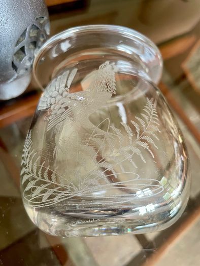 Vintage Signed Bruce Walker Kirkbuddo Glass Studio Etched Art Glass Bud Vase Capercaillie 1976