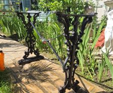 pub tables restaurant garden bar home 2 Victorian cast iron table legs and oak top of rococo form in the coalbrookdale style. 67cm tall.bistro set  garden home