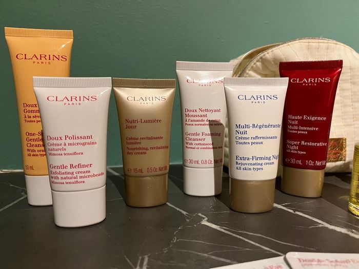 Bundle of Clarins Products with bag + 2 Soap and Glory Body Butter Tubs - Brand New