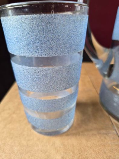 Vintage mid-century frosted blue & clear striped glass lemonade jug & glass