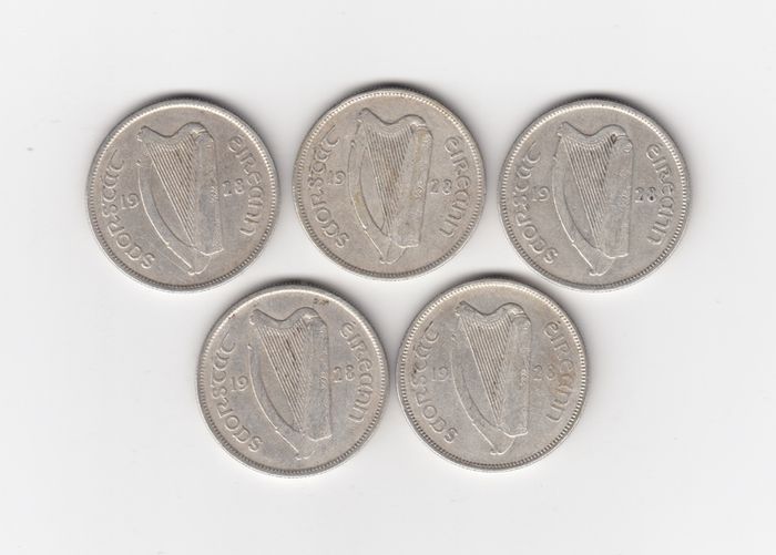 Ireland, 5 x 1928, Saorstat Eireann, Floirins, 2/-, 75% Silver Coins (No: 497)