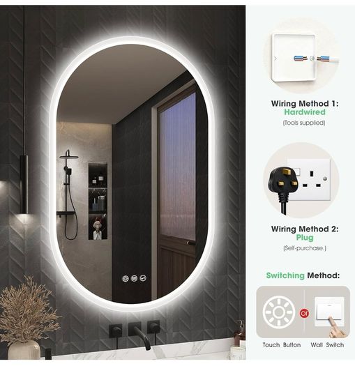 Oval Bluetooth Bathroom Mirror with LED Lights 500x800mm, Anti-Fog