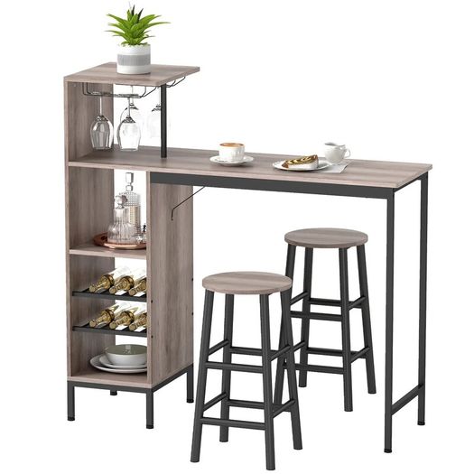 3-Piece Bar Table Set with Storage, Wine Rack, Glass Holders & 2 Bar Stools with Footrests, Space-Saving Design, Grey