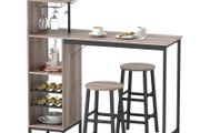 3-Piece Bar Table Set with Storage, Wine Rack, Glass Holders &amp; 2 Bar Stools with Footrests, Space-Saving Design, Grey