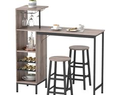 3-Piece Bar Table Set with Storage, Wine Rack, Glass Holders & 2 Bar Stools with Footrests, Space-Saving Design, Grey