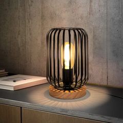Metal Cage LED Bedside Table Lamp Wooden Base Desk Lamp 22cm High Decorative Bedside Lamp with Edison Bulb for Bedroom Living Room Guest Room Weddings Parties Patio