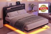 4ft6 Upholstered Floating Double Bed Frame Black, Storage Headboard Metal Bed Frame with LED Lights and Charging Station, Heavy Duty Metal Slat Support, Noise Free, No Box Spring Needed
