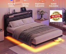 4ft6 Upholstered Floating Double Bed Frame Black, Storage Headboard Metal Bed Frame with LED Lights and Charging Station, Heavy Duty Metal Slat Support, Noise Free, No Box Spring Needed