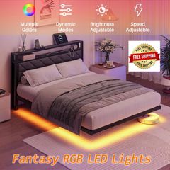 4ft6 Upholstered Floating Double Bed Frame Black, Storage Headboard Metal Bed Frame with LED Lights and Charging Station, Heavy Duty Metal Slat Support, Noise Free, No Box Spring Needed