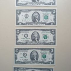 5 UNC  USA 2 Dollars Banknotes In Sequence