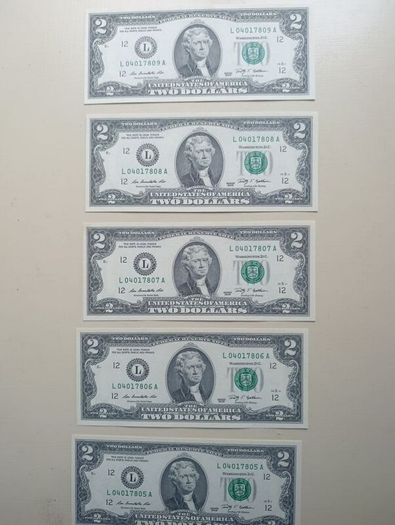 5 UNC  USA 2 Dollars Banknotes In Sequence