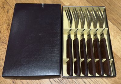 Vintage Boxed Set Of 6 X Teak Handled Forks.