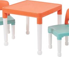 Childrens Table and Two Chair Set, Green Orange White, Table-51cm H x 51cm W x 43cm D 27cm x 31cm x 44cm, Seat Height 26cm