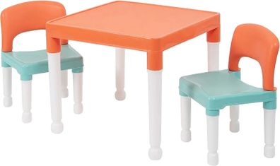Childrens Table and Two Chair Set, Green Orange White, Table-51cm H x 51cm W x 43cm D 27cm x 31cm x 44cm, Seat Height 26cm