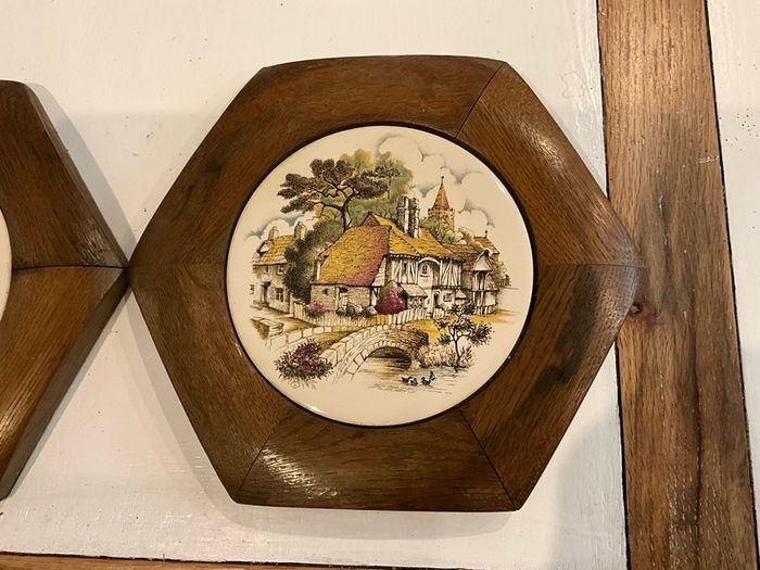 Vintage Plaques .Tikes in Oak Hexagon Shaped Frames